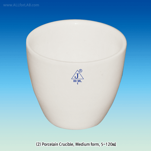 Glazed Porcelain Crucible & Cover, Low, Medium & High Form, Up to 1000℃, 5~250㎖<br>Printed Identification No., Cover Separately, 자제 도가니, 식별번호부, 뚜껑 별도 구매