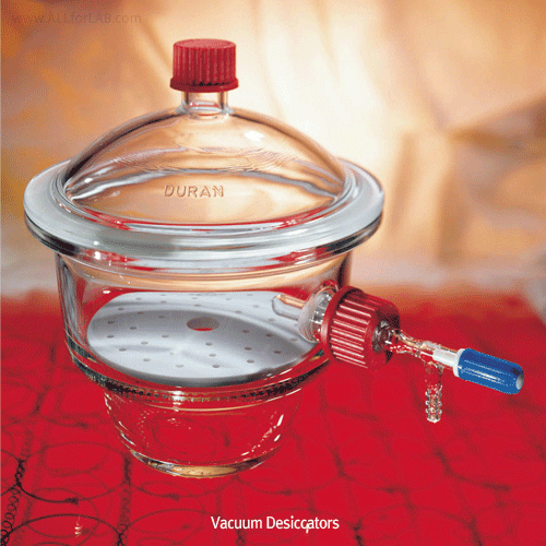 DURAN® Premium MOBILEX® Vacuum Desiccator, Boro-Glass 3.3, 150-~300-type<br>With Safety PTFE Screw Needle Valve/Cock & Screw Capped Lid, 고진공 데시케이터, 중판 별도