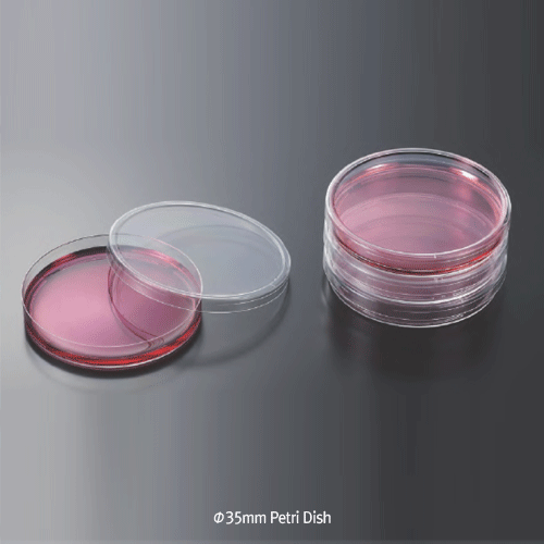 Φ35mm Disposable Mini Sterile Petri Dish, PS, Gas Exchangeable, 2-types of h10 & h15mm<br>With Smooth & Glassy Clear Surface, γ-Sterile, 일회용 미니 멸균 페트리디쉬