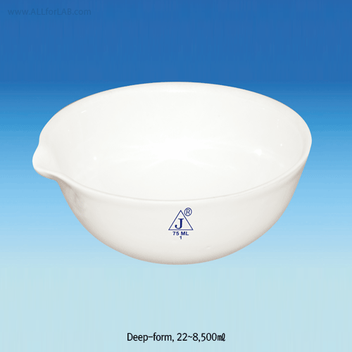 Premium Glazed Porcelain Evaporating Dish, Flat-& Deep-form, with Spout, up to 1,000℃, 22~8,500㎖<br>Printed Identification No., Acids and Alkalis(except HF) Resistance, 자제 증발 접시, 평형 & 둥근 바닥형, 유약처리, 식별번호부
