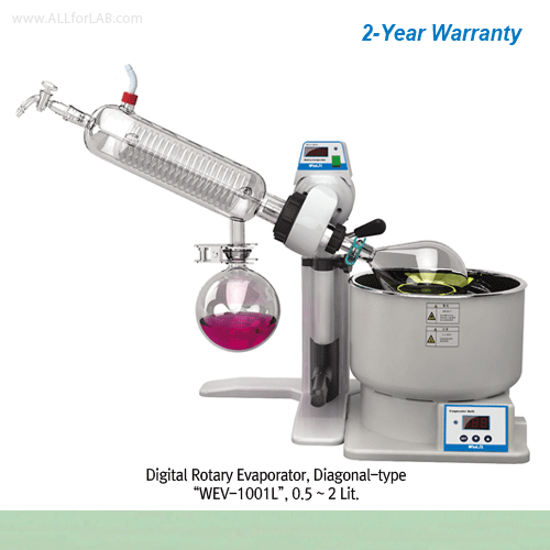 DAIHAN® 0.5~2Lit Digital Rotary Evaporator “WEV-1001V” & “WEV-1001L”, Vertical & Diagonal-type<br>With 6.5 Lit Digital Bath 100℃, PID Control & Lifting Table, 10~180rpm, Cooling Surface 1,300cm2, Certi. & Traceability, 회전식 증발 농축기