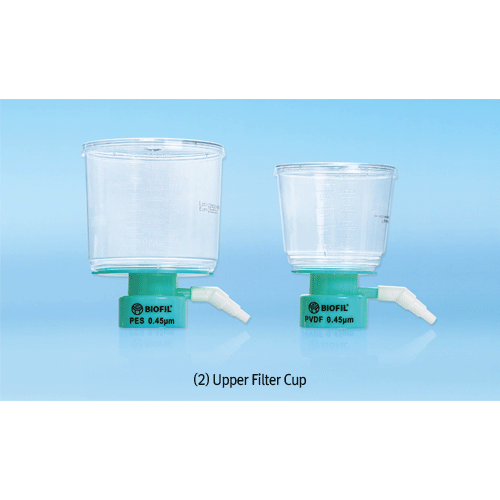 Biofil® 150~1000㎖ Disposable Sterile Bottle Top Vacuum Filter System, PS, with Filter Cup·Connector·Bottle, Pore 0.22 & 0.45㎛<br>For Large-scale Filtration of Tissue Culture Fluids, with GL45 Neck & Graduation, 일회용 PS 바틀탑 진공여과장치 세트