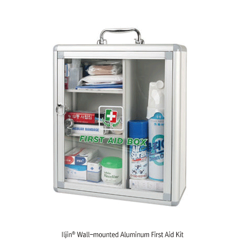 Iljin® Wall-mounted Aluminum First Aid Kit, Medicaluse<br>With 18 items(30×11×h26cm), and 28 items(35×14×h42cm)<br>With Acrylic Door·Safety Handle·Key, 벽걸이용 알루미늄 구급함