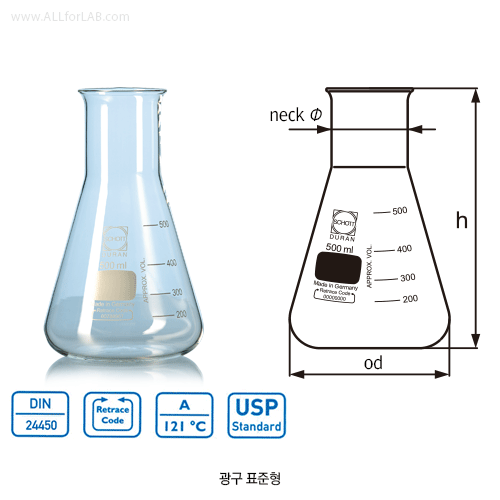 DURAN® Premium Batch-certificated Standard Erlenmeyer Flask, Narrow-neck & Wide-neck, 25~10,000㎖<br>With Graduation, Boro-glass 3.3, DIN·ISO·UPS, <Germany-Made> 프리미엄 표준형 삼각 플라스크