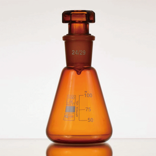 Amber Glass Erlenmeyer Flask, 24/29 Joint Neck & Graduation, 50~500㎖<br>With Interchangeable Stopper, Boro-glass 3.3, Autoclavable, 갈색 조인트 스토퍼 삼각플라스크, 자외선 차단