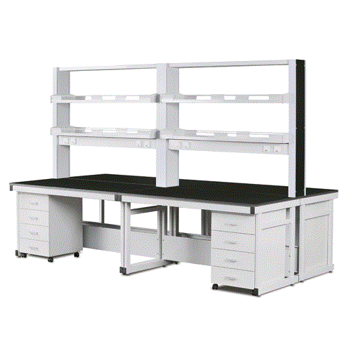 DAIHAN® Laboratory Assembly Center Table, High Quality Steel-Frame & -Side Panel·Phenol Work Top·Stainless-steel Bolted Joint<br>With Transfer Cabinet, Utility Box, 실험실용 조립식 중앙 실험대, 고품질 스틸 프레임, 내열성/내충격성/내화학성 페놀 상판, 볼트식 결합