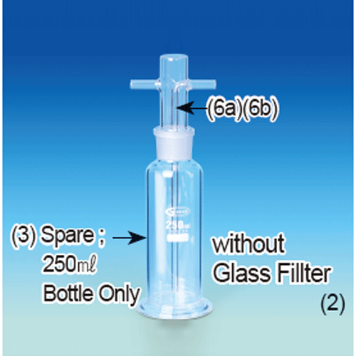 Basic Gas Washing Bottle, with or without Glass Filter Disc P2(40~90㎛), 250~500㎖<br>With 29/32 Cone Joint Head, Boro Glass 3.3, 29/32 조인트 가스 세척병