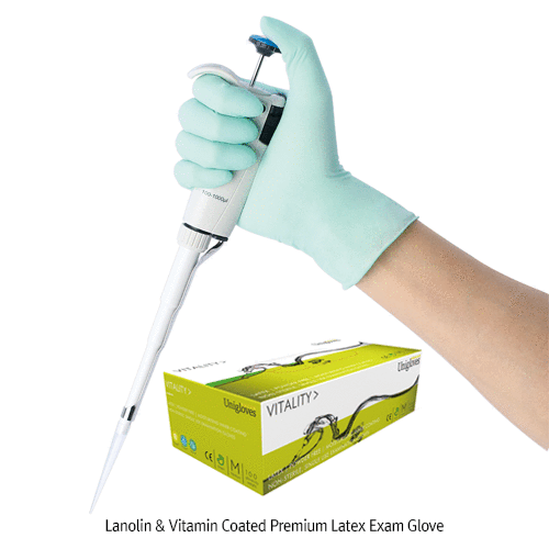 UniGloves Premium Lanolin & Vitamin Coated Latex Exam Glove, Lano-ETM, Textured, L240mm<br>With Moisturising Inner Coating, Premium Grade, 라놀린 & 비타민 코팅 라텍스 실험장갑, 피부보호용