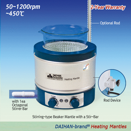 DAIHAN Aluminum-case Beaker Heating Mantle, (1) Basic & (2) Stirring-type, 450℃, 100~5,000㎖<br>With Built-in Temp Controller, with/without Mag-stir Speed Control, with Certi. & Traceability<br>비커용 히팅맨틀, 온도 조절기 내장“, 기본형” 및“ 자석교반형”, Ni-Cr열선 내장