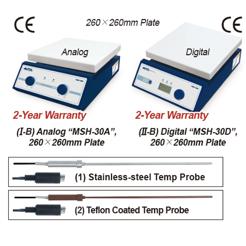DAIHAN 380℃ Standard Analog & Digital Hotplate Stirrer “MSH-A” & “MSH-D”, Ceramic-coated Plate, 80~1,500 rpm<br>180×180mm or 260×260mm Plate, with Accurate Temp. Control, Superior Temp Uniformity, with Certi. & Traceability<br>Permanently Brushless Motor(