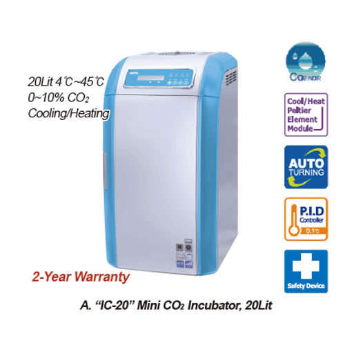 DAIHAN® 20Lit Mini CO2 Incubator & CO2 Shaking Incubator “IC-20 & ICS-20”, 4℃~45℃ & 0~10% CO2<br>Programmable PID Controlled 0.1℃ & 0.1%, Compact Design for Saving Space/Money, Ideal for Cell/Tissue Culture<br>With Cooling/Heating system of Peltier Elemen