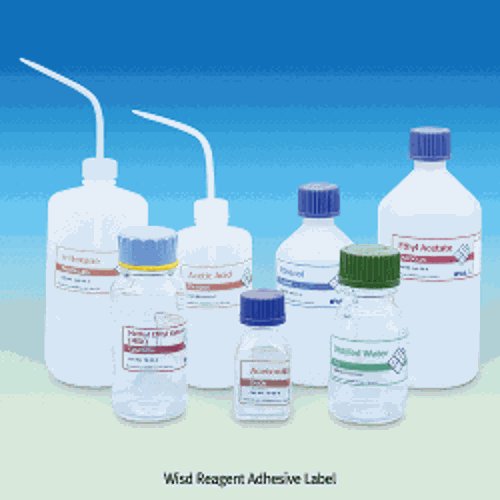 WisdTM Reagent Adhesive Label, for Wash- or Reagent- Bottle, Transparent, with 4 Colors, L125×h45mm<br>With White Marking Area, Printed Reagent Names & Molecular Formula & CAS Number and NFPA, 투명 시약명 접착라벨