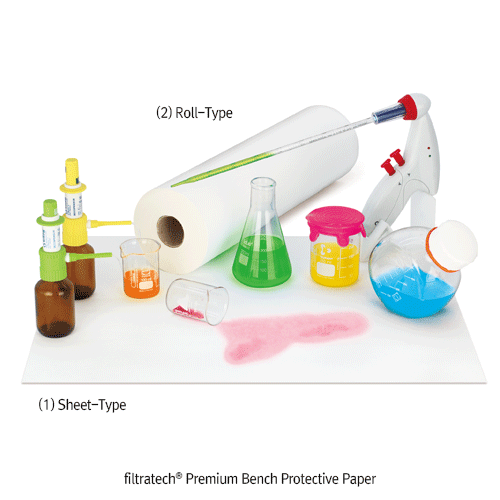 filtratech Premium Bench Protective Paper, Sheet & Roll-Type, for Prevent Impacts Acids Toxic<br>Made of an Absorbent Paper & PE-Coated Film, <France-Made> 프리미엄 실험실 벤치 보호 매트
