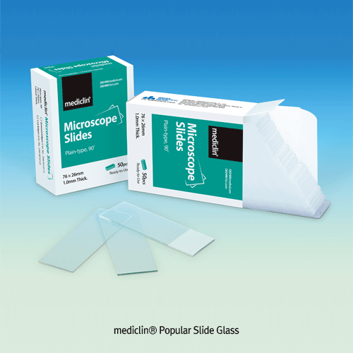 mediclin® Popular Slide Glass, 76×26mm, Plain- & Frosted-type<br>With 90° Ground/Cut-edge, Pre-cleaned, Ready for Use, 기본형 슬라이드 글라스
