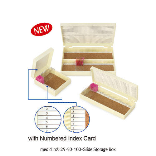 mediclin® 25·50·100-Slide Storage Box, ABS, Resin with Hinged Lid, for 76×26 Slide<br>With Numbered Index Card & Foam Lining, ABS 슬라이드 보관 박스