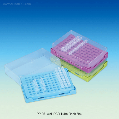 SciLab® 96-Well PCR Tube Rack Box, PP, with Hinged Lid or Separable Lid<br>With Alpha-Numeric Index, Hole Φ6mm, Stackable, 125/140℃, 0.2㎖ PCR 튜브 랙, 96-Well/홀