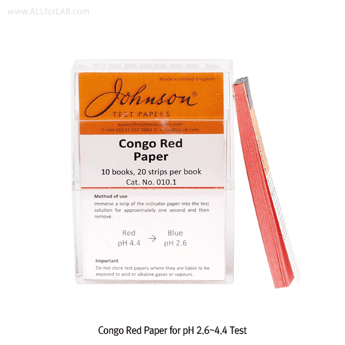 Johnson® Congo red-, Brilliant yellow-, Turmeric-, Phenolphthalein-, & Clayton yellow- Paper<br>For Analysis of a Solution(Acidity or Alkalinity), pH Neutralization Point Test Paper<br>특정영역대의 pH 연화점(중화점) 측정지들 : 콩고레드, 브릴리언트옐로·강황지·페놀프탈레인·클레이톤옐로-중화점에서 변색됨