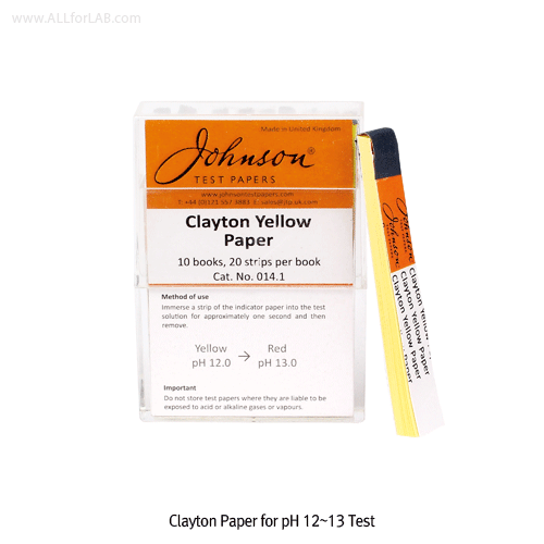 Johnson® Congo red-, Brilliant yellow-, Turmeric-, Phenolphthalein-, & Clayton yellow- Paper<br>For Analysis of a Solution(Acidity or Alkalinity), pH Neutralization Point Test Paper<br>특정영역대의 pH 연화점(중화점) 측정지들 : 콩고레드, 브릴리언트옐로·강황지·페놀프탈레인·클레이톤옐로-중화점에서 변색됨