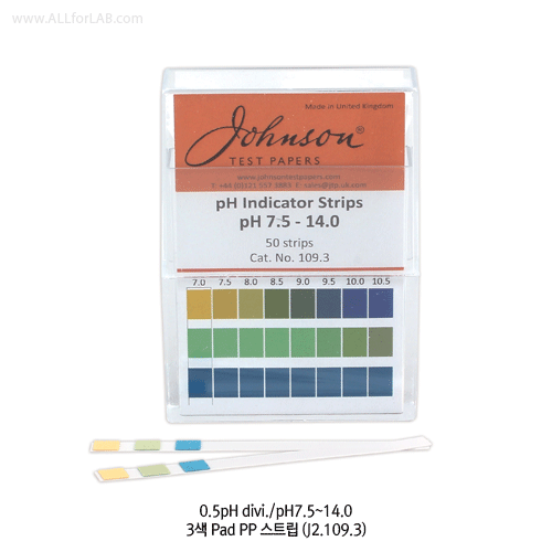 Johnson® Professional 3 & 4 Color-Pad Polypropylene pH Comparator, “Non-Bleed” System<br>Accurate-type of (1) pH 4.0~10.0 & (2) pH 7.5~14.0, and (3) pH 0~14 Full range, 0.5- or 1-pH divi.<br>3 & 4색 대열 패드식 pH시험용 PP-스트립, 용액에 번짐 / 훼손이 없는 고품질, 1 Strip 에 pH 반응