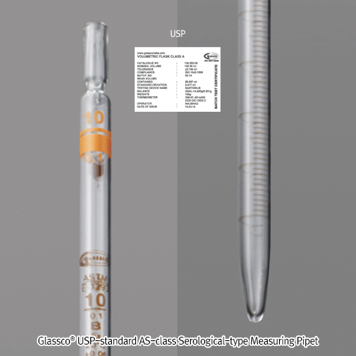 Glassco USP-standard AS-class Serological-type Measuring Pipet, Individual Work-Certification, 0.1~25㎖<br>With Amber Stain Graduation, 1mark, <India-Made> USP표준 AS급 메스(전량) 피펫, 개별 Certi포함