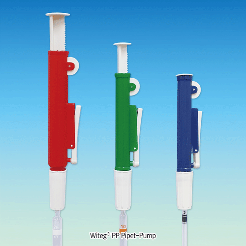 “witeg” PP Pipet-Pump “Pi-Pump”, Color-code, 2~25㎖<br>Made of Polypropylene(PP), -10℃+125/140℃, PP 피펫 펌프“ 피-펌프”