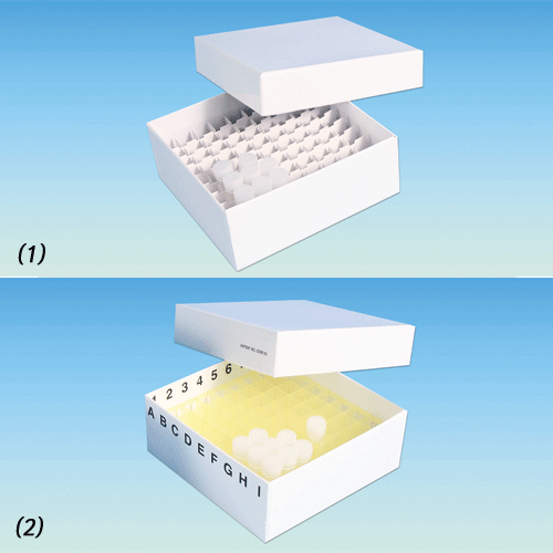 SciLab® 81-hole Hard Board Storage Box, with Hard Board- & PP- Divider, 133×133×h52mm<br>Ideal for ULT Freezer and LN2 Freezing, for 1.5/2.0㎖ Microtube/Cryovials, 81홀 판지 보관 박스