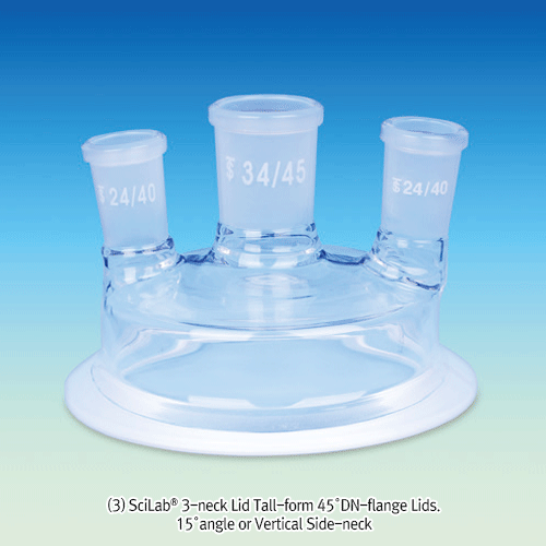 1~5 Necks DURAN-glass 45°DN-Standard Flange Lid, for Reaction Vessels, Joint 14/23, 24/40, and 34/45<br>With Perfect Compatibility, Chemical & Heat-Resistant, 45° DN-표준 플랜지 반응조 뚜껑, 완벽한 호환성