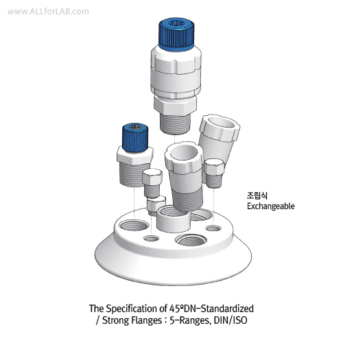 4~6 Necks All PTFE 45° DN-Standard Flanged Reactor Lid, with Assembly Screw Taper Socket Joint, DN60~DN200 Flanged<br>Common Use “ASTM & DIN” Cone Jointware, <UK-Made> PTFE 45° DN-표준 플랜지 반응조 안전 뚜껑