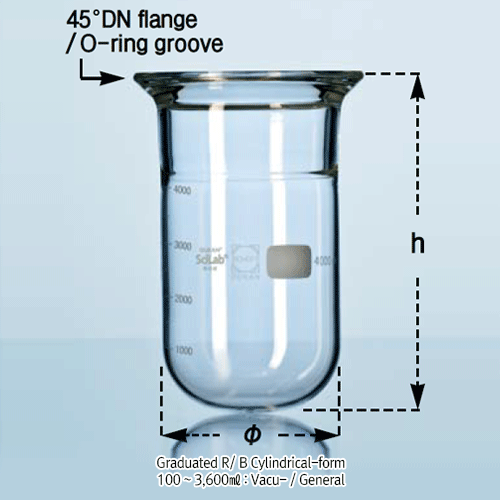 Graduated 100~10,000㎖ DURAN-glass Vacuum/Pressure Vessel, Round Bottom, 45°DN-Flange with O-Ring Groove<br>With Perfect Compatibility, 0.5~2.5 bar, 눈금부 환저 진공/압력 반응 베셀, O-링 홈부, 완벽한 호환성 표준화 규격