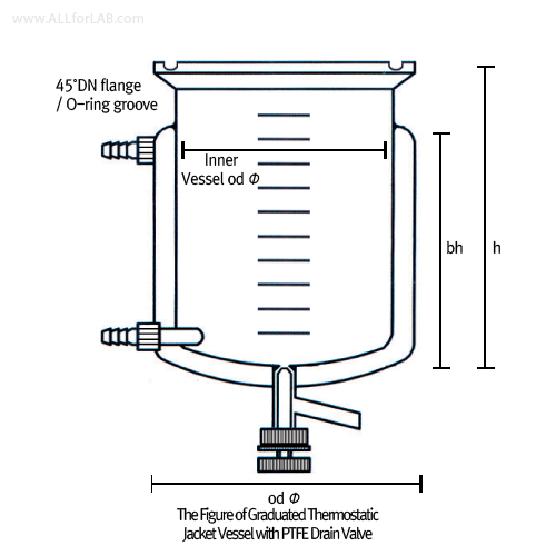 0.25~100 Lit Drain valved?Jacketed?Graduated Vacuum/Pressure Vessel, 45°DN-Flange with O-Ring Groove<br>With Perfect Compatibility, DURAN-glass, PTFE-valved/-GL connect, 0.5~2.5 bar, 자켓 밸브형 눈금부 진공/압력 베셀