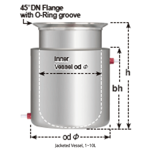 1~10Lit Stainless-steel Jacketed Vacuum Reaction Vessel, 45°DN-Flange with Groove & Teflon FEP O-Ring Seal<br>With Perfect Compatibility 45° DN Flanged Lid, 자켓 스테인리스 스틸 진공 반응 베셀, O-링 씰 포함