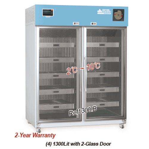 DAIHAN® 2℃~10℃ SMART Blood Bank Refrigerator “Ref.B”, 150·280·600·1300Lit, Medicaluse<br>With Smart-LabTM System, CFC-Free(R-404A), Forced-air, Built in Temperature Chart Recorder, Dual Eva-defrost, Glass Door<br>Stainless-steel Perforated Drawer Shelf, D