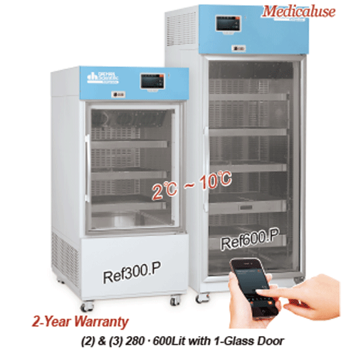 DAIHAN® Premium 2℃~10℃ SMART Vaccine & Pharm. Refrigerator “Ref.P”, Medicaluse<br>With Smart-LabTM System, Dual Eva-defrost. CFC-Free(R-404A), Forced-air, 150·280·600·1300Lit, Glass Door<br>Stainless-steel Perforated Shelf & Perforated Drawer Shelf, Door 
