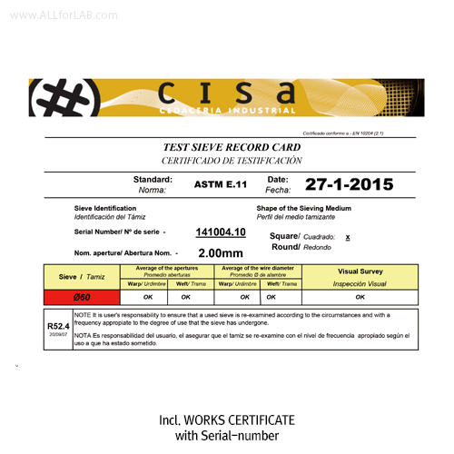 CISA® Φ100×h40mm Premium Certified All Stainless-steel Standard Test Sieve, with WORKS CERTIFICATE & Wire Mesh-holes(■)<br>With Serial-number, Multi-Use/-Function, 정밀 표준망체, 개별“ 보증서” 포함