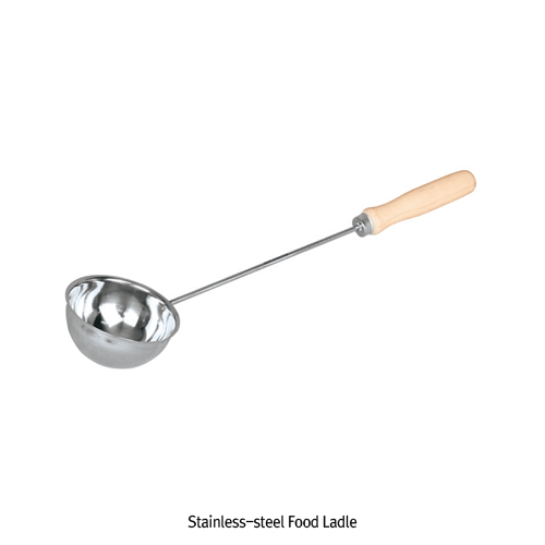 Food Ladle, High Grade Stainless-steel, 50~450㎖, L280~400mm<br>With Robust Wire- & Wood-handle, Non-magnetic, 식품용 스텐 주걱/국자, 비자성, 비부식