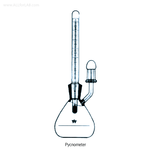 “witeg” Premium Specific Gravity Bottle/Pycnometer, Gaylussae-type, 5~100㎖<br>With Thermometer Joint 10/19 and Side Tube with 7/16 Joint cap, Boro Glass, ASTM/DIN, 비중병/피크노메타