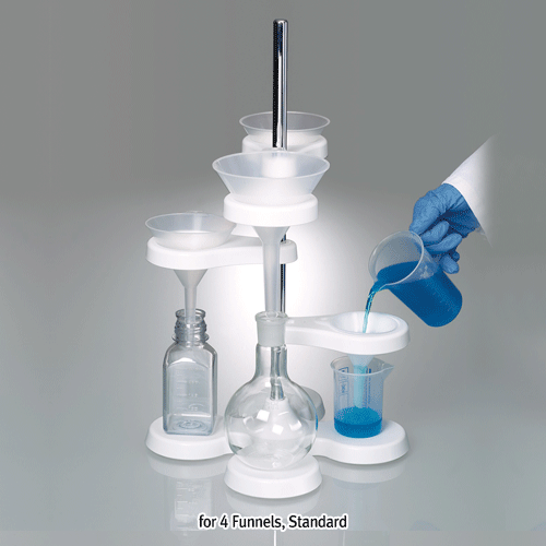 Burkle® PP Multi-Functional Funnel Stand, Adjustable Height, with Funnel Holder & Reducing Insert<br>For Φ40~Φ180mm Funnels, and Imhoff-Cone & Pipet Stand-Possible, -10℃+125/140℃, <Germany-Made> PP 다기능 깔대기 스탠드