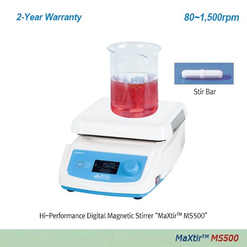 DAIHAN® Premium Magnetic Stirrer “MS500”, Shade Motor, Max. 80~1,500 rpm, Max. 20Lit, Solid Ceramic Glass Plate, 200×200mm<br>With Large LCD, Permanently Brushless Shade Motor(BLAC), Touch-button Controller, Digital Feedback Control, Precise Speed Control