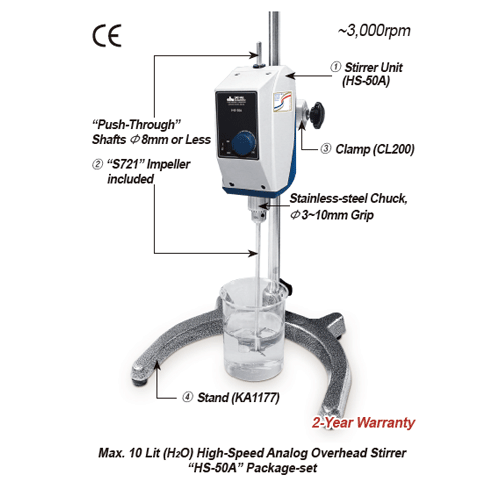 DAIHAN® High-Speed Analog Overhead Stirrer “HS-A”, for Low-/Middle-Viscosity, Max.10·20Lit, Max. 3,000rpm<br>With “Push-Through” Shaft(Φ8mm or Less) and Chuck grip Φ3~10mm, Flex-Coupling Φ6~12mm, up to 5,000·10,000mpa