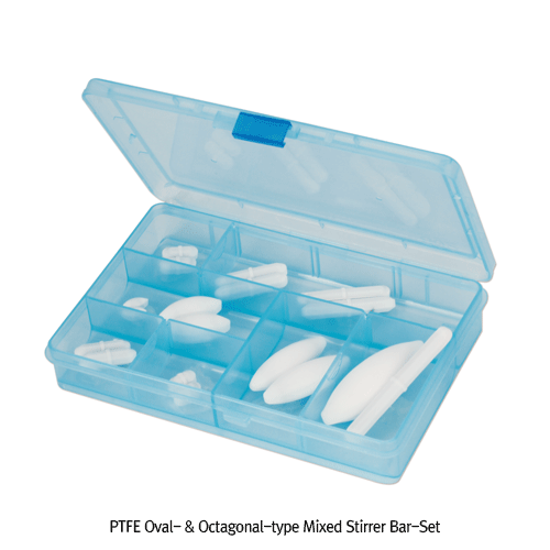 PTFE Oval- & Octagonal-type Mixed Stirrer Bar-Set, for Lab & Industry, L10~75mm, 18pcs/set<br>Excellent for Chemical and Corrosion Resistance, -200℃+260℃, PTFE 타원/달걀형+옥타고날형 마그네틱바 세트
