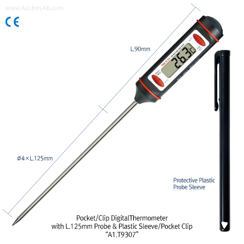 DAIHAN® Pocket Clip Digital Thermometer “T9307”, Pen-Shape, L.125mm NTC-Probe Type<br>With Protective Plastic Sleeve/Pocket Clip, -50℃+300℃, 0.1/1.0℃ Divi., 포켓형 디지털 온도계(포켓 클립형)