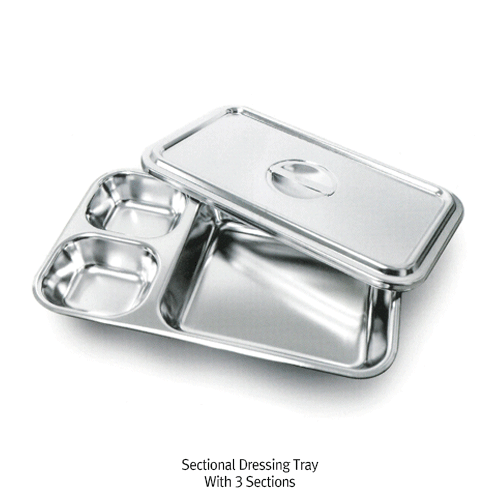 Sectional Dressing Tray, with Lid, Seamless, Smooth-contour<br>For Laboratory & Hospital, High-polished, <Korea-Made> 3칸 스텐레스 트레이