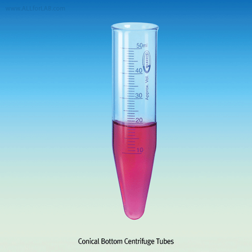 Blue Graduated Centrifuge Tube, with Conical- or Round-Bottom, 5~100㎖<br>With Precise Scale, Boro-glass 3.3, 글라스 원심관