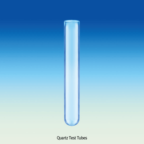 Quartz Test Tube, with 1.5 thickness, Φ10×h75 to Φ18×h165 mm<br>Without Graduation, max 1250℃ in use, Softening Point 1680℃, 석영 시험관