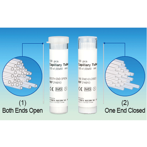 “witeg” Melting Point Capillary Tube, Glass, OD 2.5×L80mm(id approx 2.1)<br>Use a Powdered Sample, 2-Type of (1) Both Ends Open & (2) One End Closed, 융점 측정 모세관