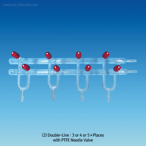 SciLab® Premium DURAN-glass Vacuum Manifold, 3~5 Places<br>Single-or Double-Lines, with PTFE Needle Valve, 10-6, PTFE 밸브형 진공 매니폴드