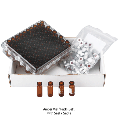 SciLab® 11mm Crimptop 2㎖/Φ12×32 Autosampler Vials “Pack-Set”, with Opentop Seal & Septa<br>Clear & Amber, for Chromatography, Boro-glass 5.1, 2㎖ 크림프탑 오토샘플러 바이알 세트, 12×32