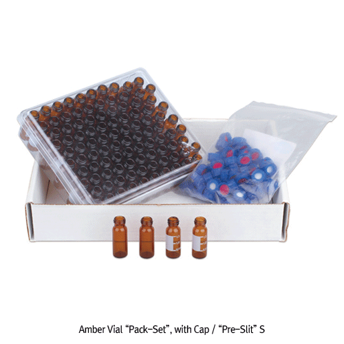 SciLab® 9-425 Screwtop 2㎖/Φ12×32 Autosampler Vial “Pack-Set”, Large Opening, with Blue PP Cap & Pre-Slit Septa<br>Clear & Amber, for Chromatography, Boro-glass 5.1, 2㎖ 스크류탑 오토샘플러 바이알세트, 12×32