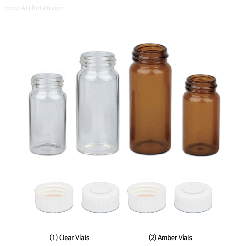 SciLab® 6~16㎖ Sample Vials, with White Screwcap & Septa “Pack-Set”<br>With “USP-I” Boro 5.0 Glass, Clear & Amber, Noraml-grade, 6~16㎖ 샘플 바이알 Pack-Set