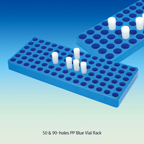 50 & 90-hole PP Scintillation Vial Rack, with Hole id Φ17.1 & 28.1mm, Autoclavable<br>Stackable, -10℃+125/140℃, 50 & 90홀 바이알 랙